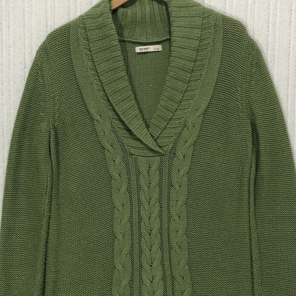 Old Navy Green Cable Knit Shawl Collar Sweater Large L Cotton Blend Pullover